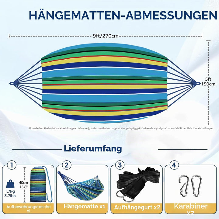 ANYOO Hängematte Outdoor Baumwolle Bequemer Stoff mit Baumfreundlichen Gurten zum Aufhängen, Robuste