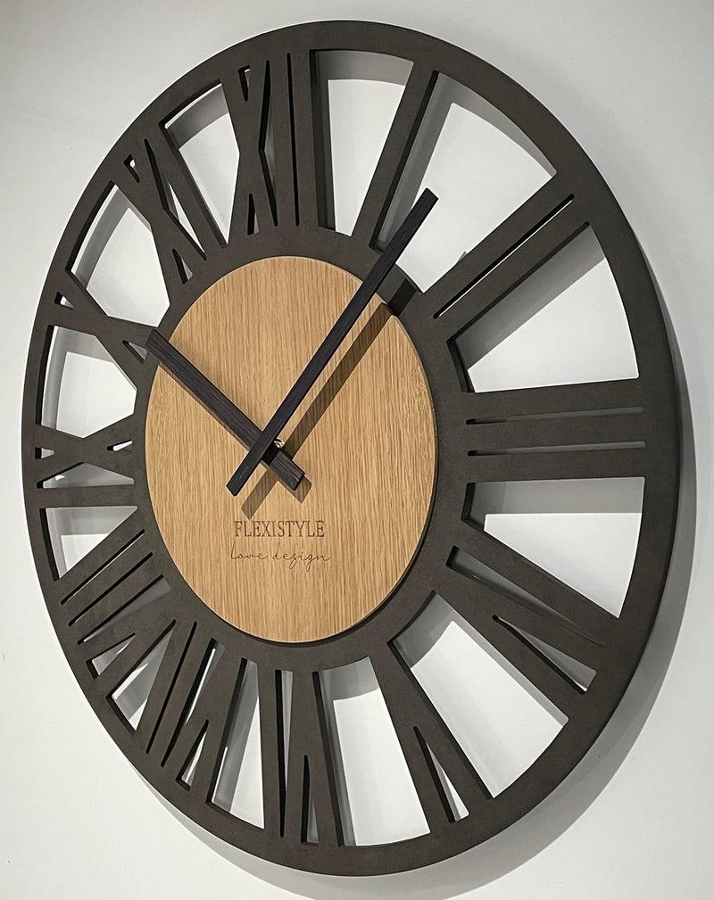 FLEXISTYLE Wanduhr gross Adulto 50cm Durchmesser LOFT Retro aus Holz Eiche ohne tickgeräusche Wohnzi