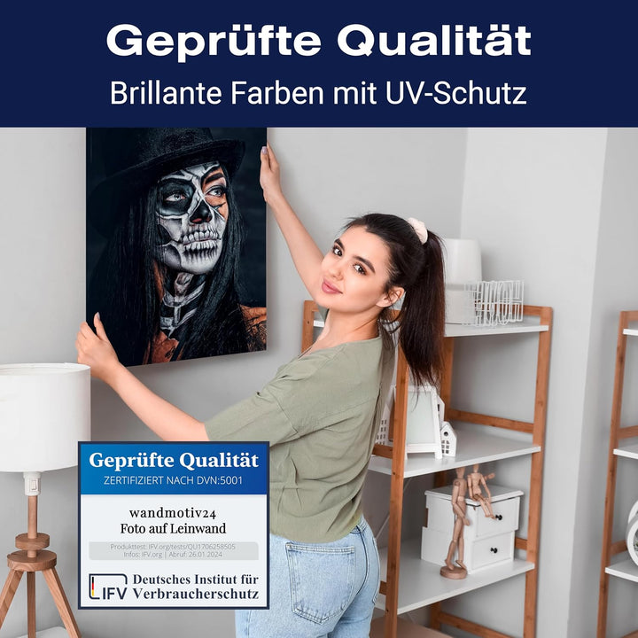 wandmotiv24 Leinwandbild Starke Frauen, Hochformat, Frau mit Totenkopf Makeup M0139 80L x 60B cm Lei