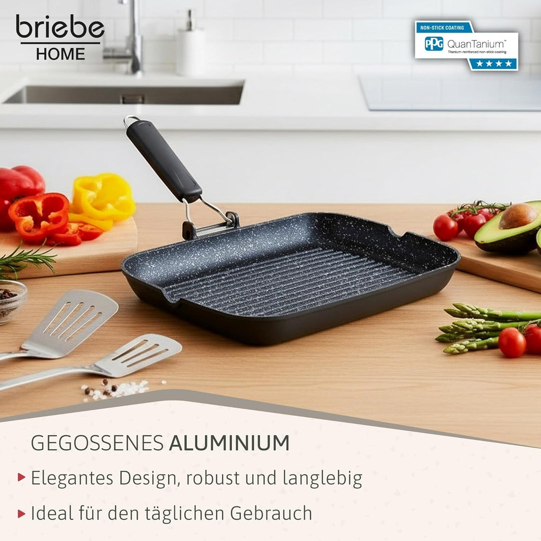 Brieve Black Titanium Induktionsgrillpfanne, Antihaft, Aluminiumguss, klappbar, ohne PFOA, 34x24 cm,