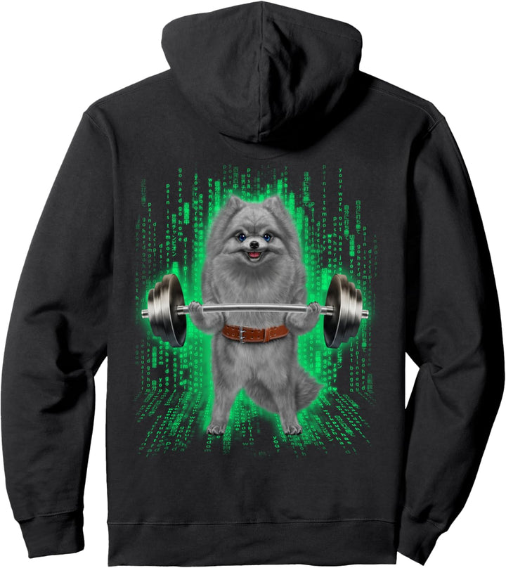 Pommerscher Hund, der Gewichte im Cyber-Fitnessstudio hebt Pullover Hoodie