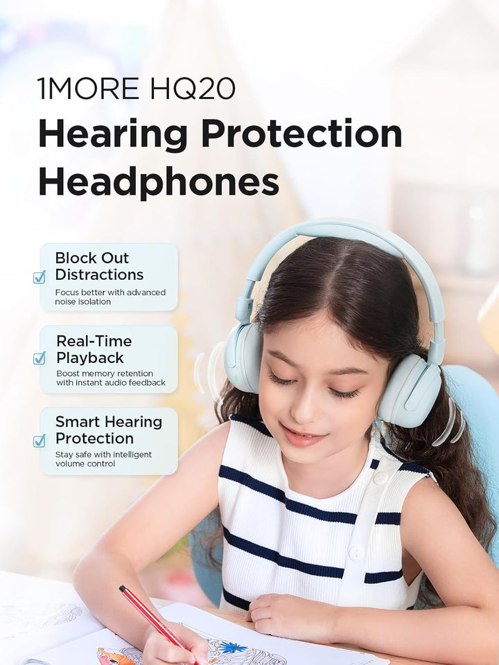 1MORE HQ20 Bluetooth Kopfhörer Kinder, Leicht-Kopfhörer Kabellos mit 75/85/90dB Lautstärkegrenze, 65