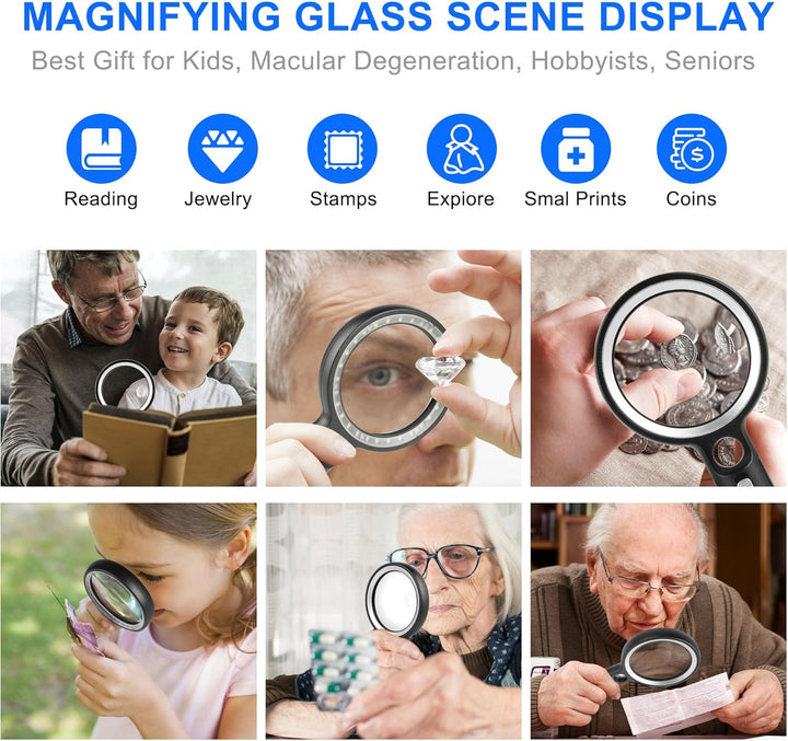 Lupe mit Licht, 10X 20X 45X Handlupe mit Licht, Magnifying Glass mit 30 LED und 1 UV, Vergrösserungs