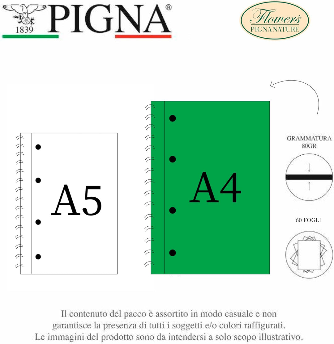 Pigna Nature Flowers 02182571R Notizbuch Spiralato f.to A4, gestreifte Notizbücher 1R, 5 Stück 1R ,