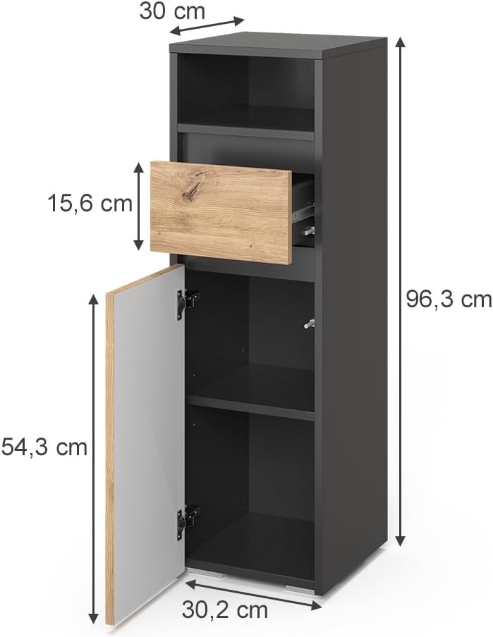 Vicco Midischrank Majest, Artisan, 30.2 x 96.3 cm mit Schublade und Tür, zur Aufbewahrung von Badute