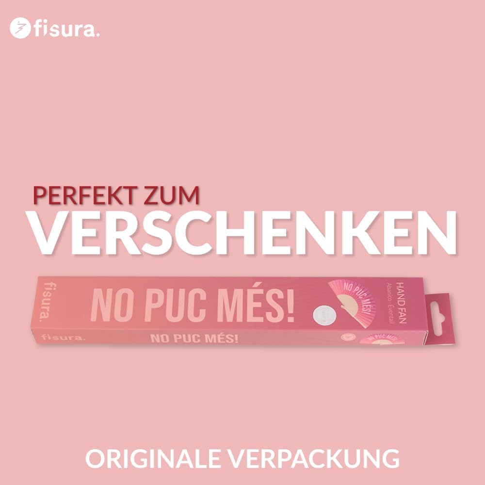 FISURA – Handfächer aus Holz mit der Aufschrift No puc més!“. Trendiges Accessoire mit rosa Farbverl