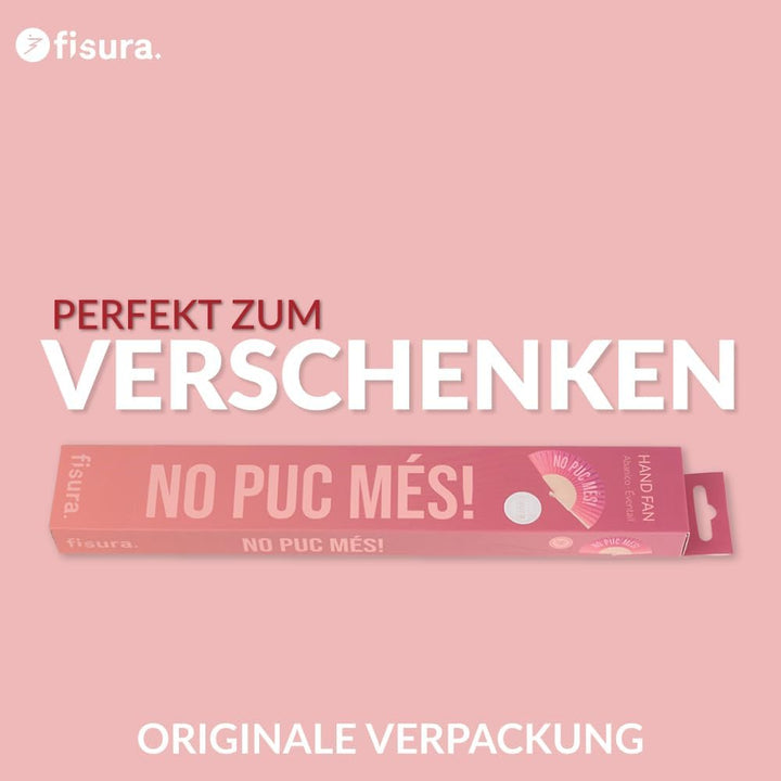 FISURA – Handfächer aus Holz mit der Aufschrift No puc més!“. Trendiges Accessoire mit rosa Farbverl