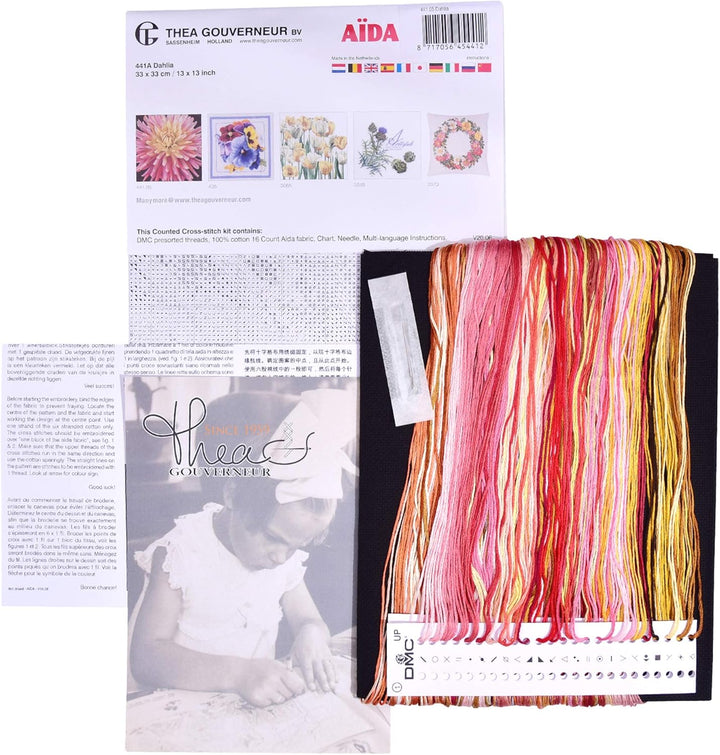 Thea Gouverneur - Kreuzstich-Set - Kissen mit Dahlia - Aida Schwarz - 18 Count - Für Erwachsene - 44
