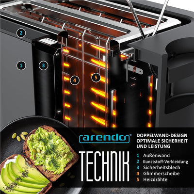 Arendo - Toaster 2 Scheiben Edelstahl mit Restzeitanzeige - 800 Watt - Doppelwandgehäuse - Integrier