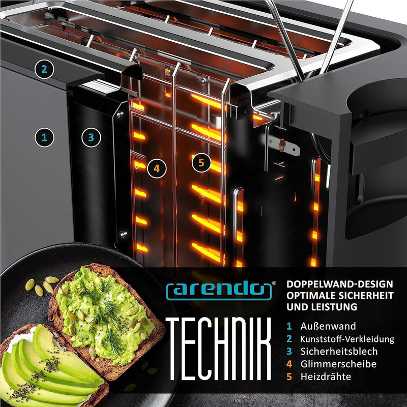 Arendo - Toaster 2 Scheiben Edelstahl mit Restzeitanzeige - 800 Watt - Doppelwandgehäuse - Integrier
