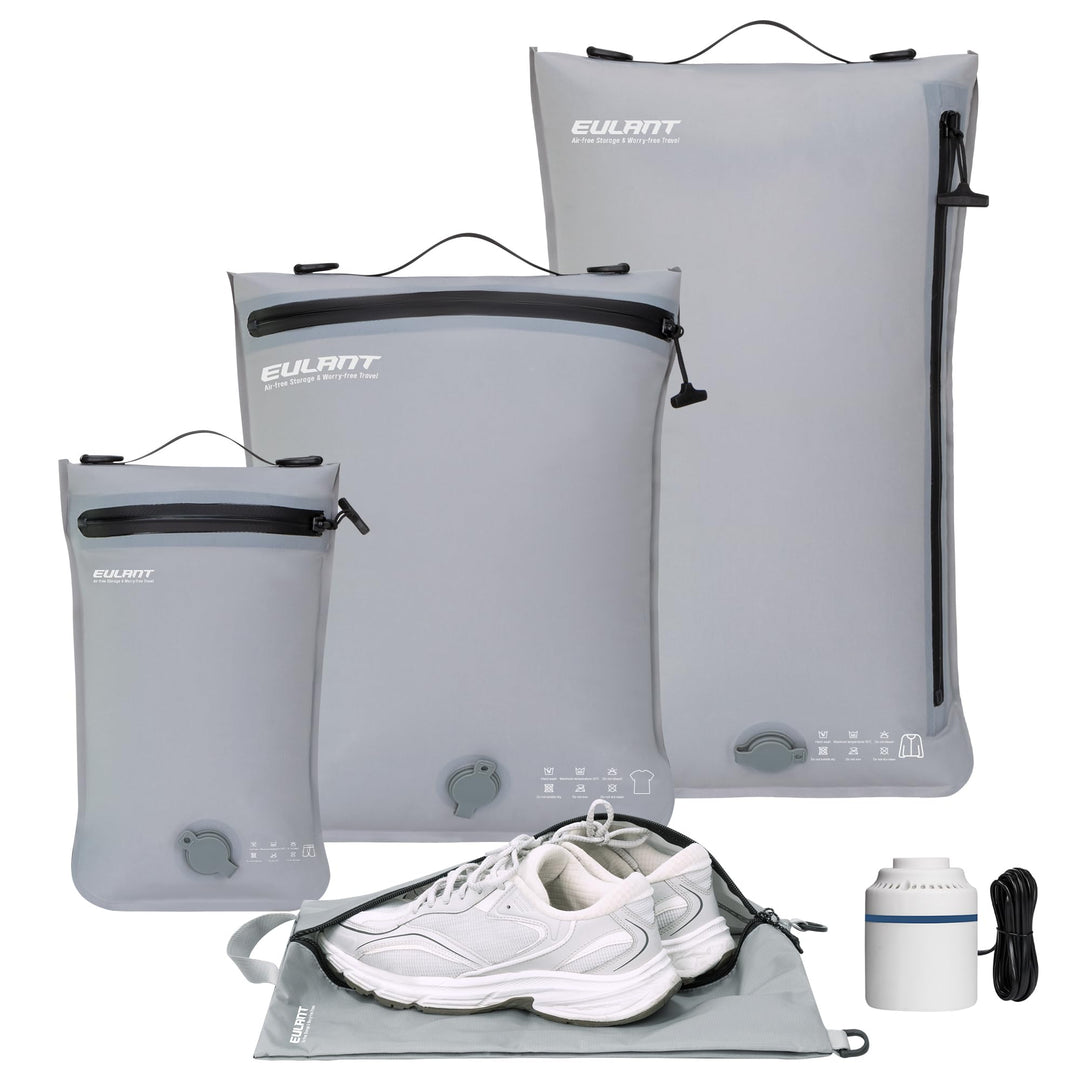 EULANT Kompressions Packwürfel Set 4 für Koffer, 3 Stück Wasserdicht Vakuumbeutel + 1 Schuh Tasche,
