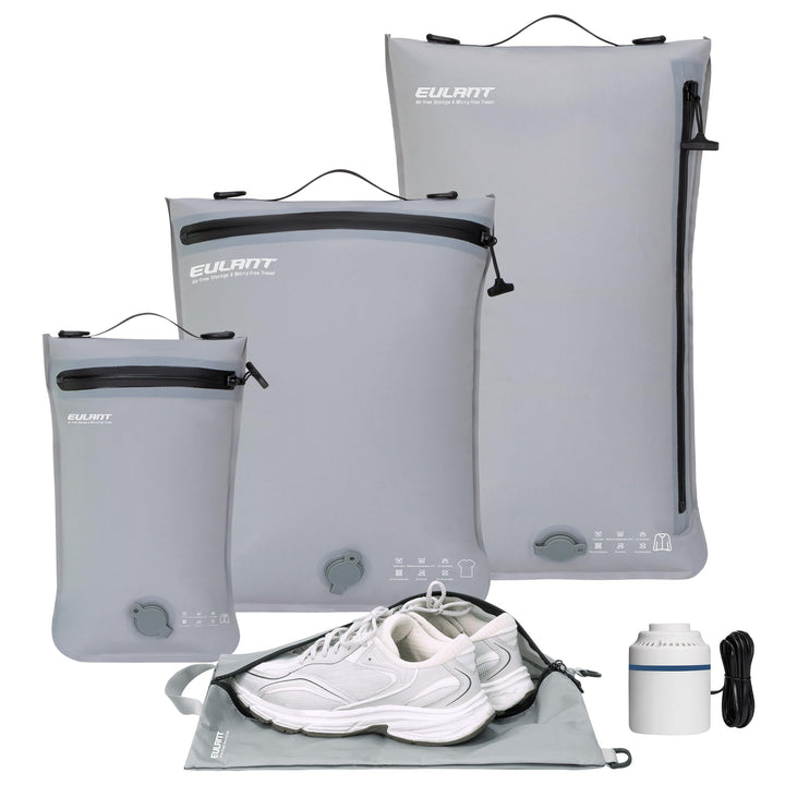 EULANT Kompressions Packwürfel Set 4 für Koffer, 3 Stück Wasserdicht Vakuumbeutel + 1 Schuh Tasche,