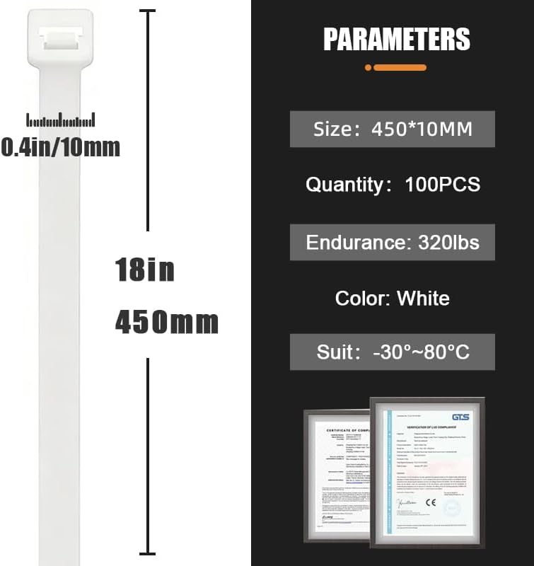 100 Stück Grosse lange Kabelbinder 450 mm x 10 mm, UV-Beständig ultra starke Kabelbinder mit 100 kg