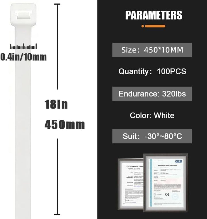 100 Stück Grosse lange Kabelbinder 450 mm x 10 mm, UV-Beständig ultra starke Kabelbinder mit 100 kg