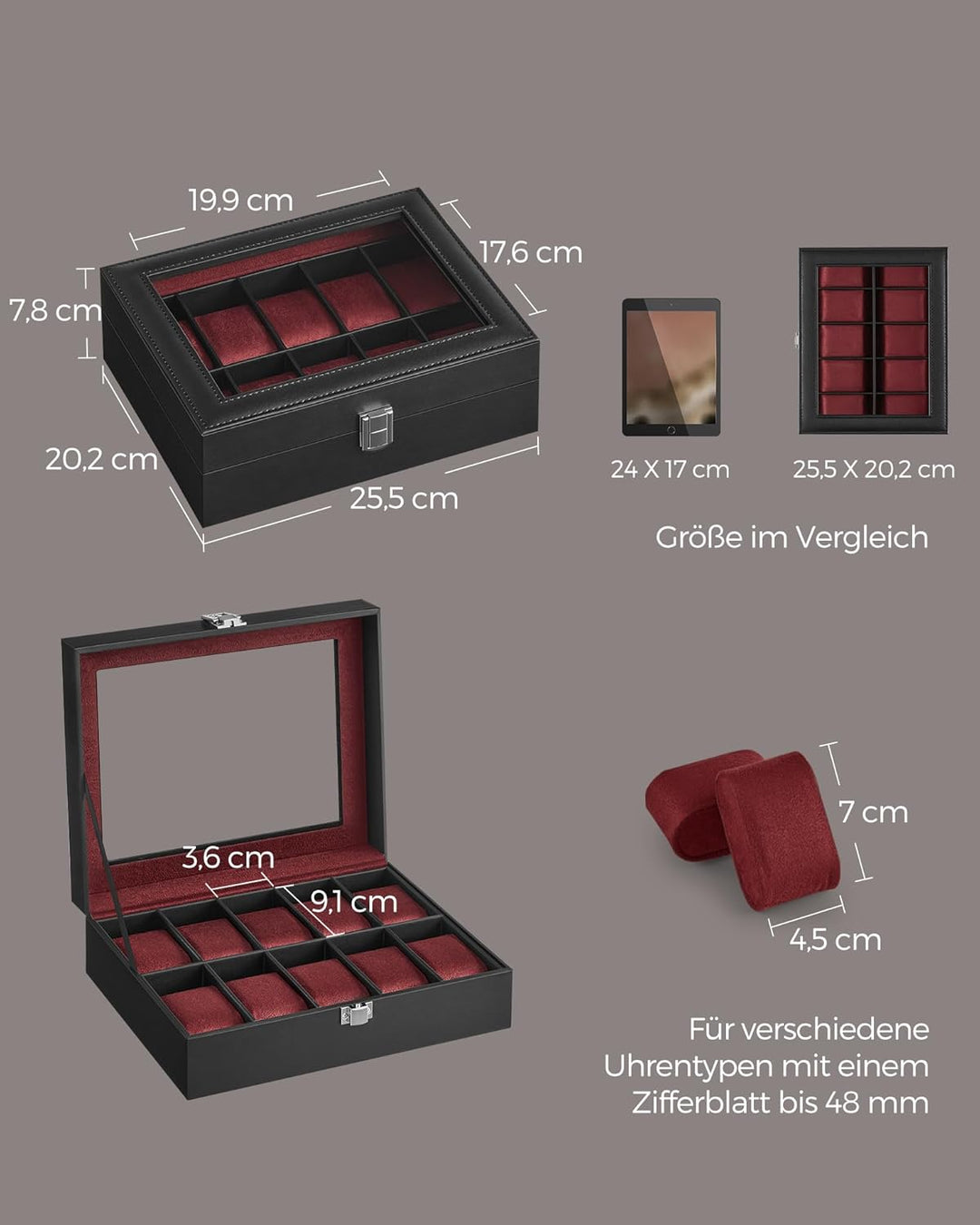 SONGMICS Uhrenbox mit 10 Fächern, Uhrenkasten, Glasdeckel, Uhrenkoffer, herausnehmbare Uhrenkissen,