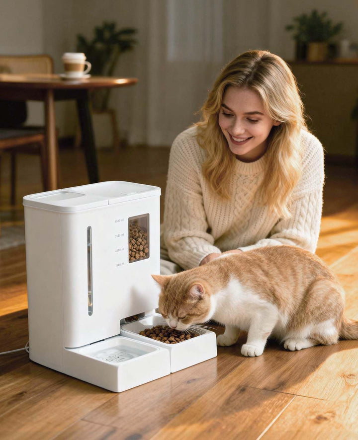 Futterautomat Katze und Katzenbrunnen 2-in-1, 5L Automatischer Futterspender Hunde mit Programmierba