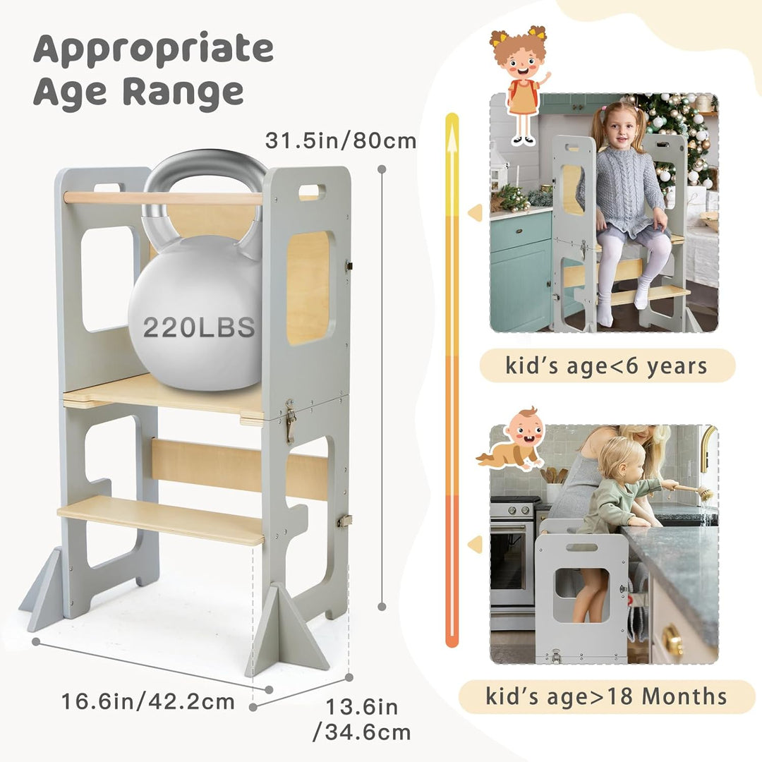 labebe Lernturm für Kinder, Montessori Learning Tower mit Tafel, Multifunktion 3 in 1 Faltbarer Lern