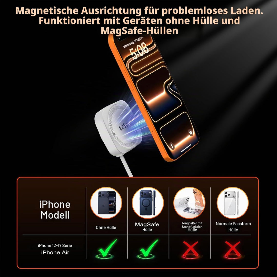 25W Wireless Ladegerät Magnetisches mit einziehbarem USB-C Kabel 0,7 m, 25W Qi2.2 Mag Safe iPhone Sc