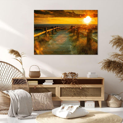 Bilder auf Leinwand 100x70cm Leinwandbild Fussgängerbrücke Strand Urlaub Sonne Gross Wanddeko Bild S