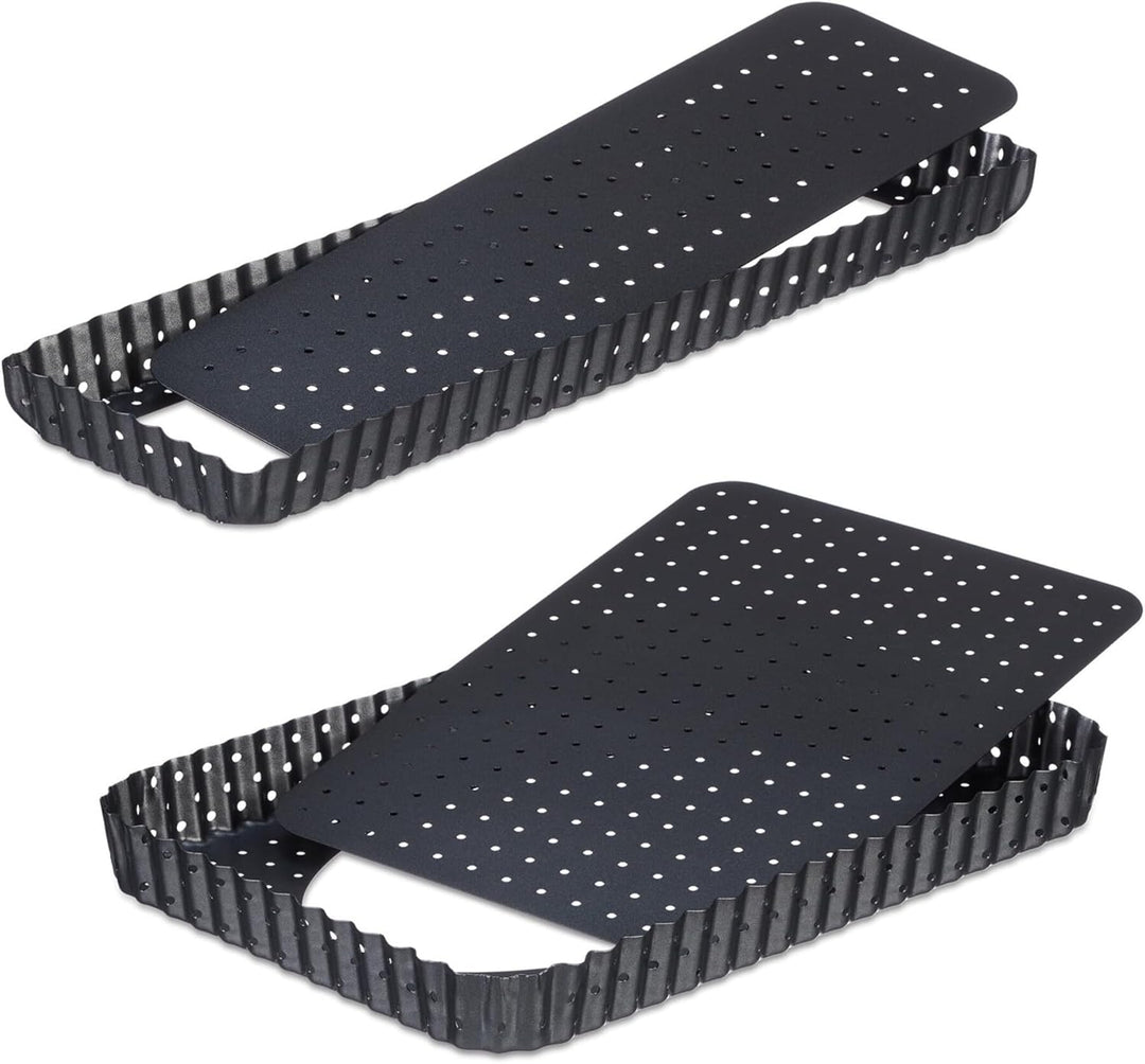 Relaxdays Tarteform, 2er Set, mit Hebeboden & Löchern, 2 Grössen, antihaftbeschichtet, rechteckige Q