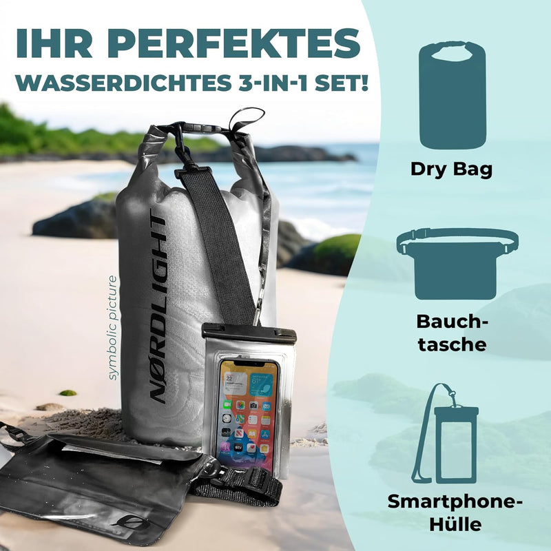 Nordlight Dry Bag wasserdichte Tasche - 2l 5l 10l 15l 20l 30l Liter | Wasserfester Packsack Seesack