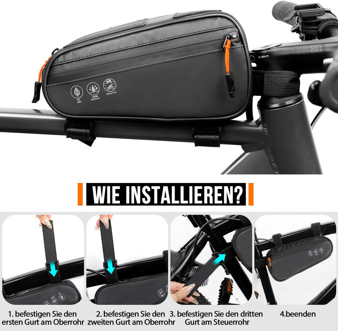 Fahrrad Rahmentasche, 3 Wege Installation Fahrradtasche Rahmen Oberrohrtasche Dreieckstasche mit Zwe