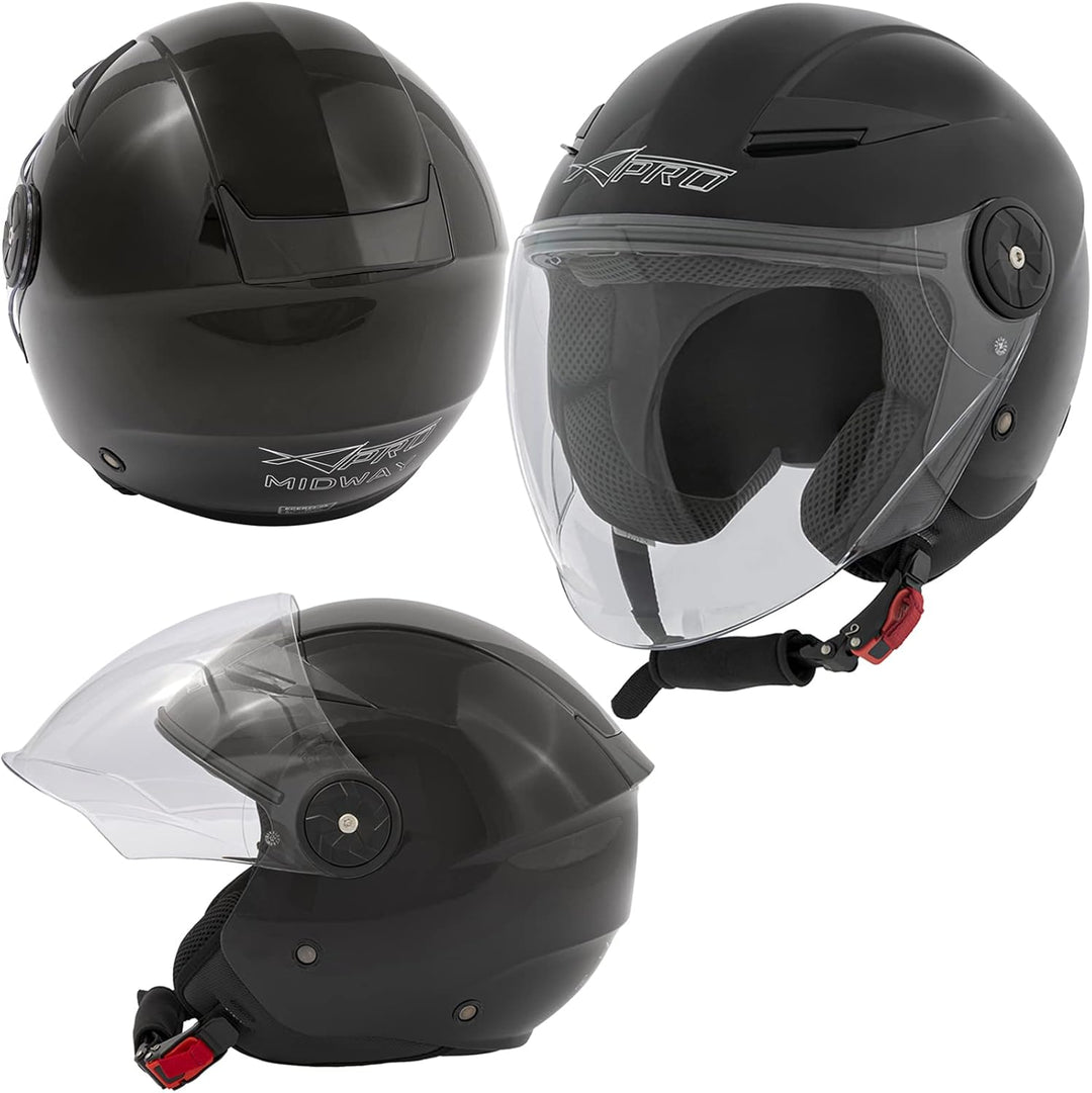 Motorradhelm Motorrad Roller Offenes Jet Scooter Helm Viser ECE 22 53-54 cm ( XS) Schwarz, 53-54 cm