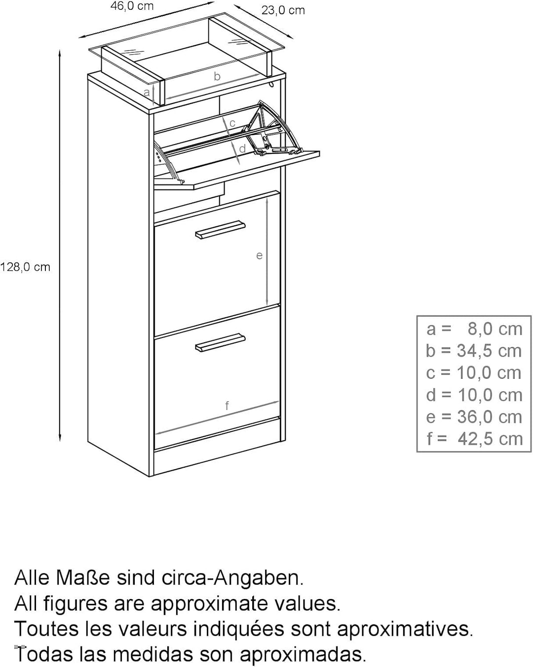 Vladon Schuhschrank Lavia V2, Schuhkipper für 12 Paar Schuhe mit 3 Klappen und Glasablage, Weiss mat