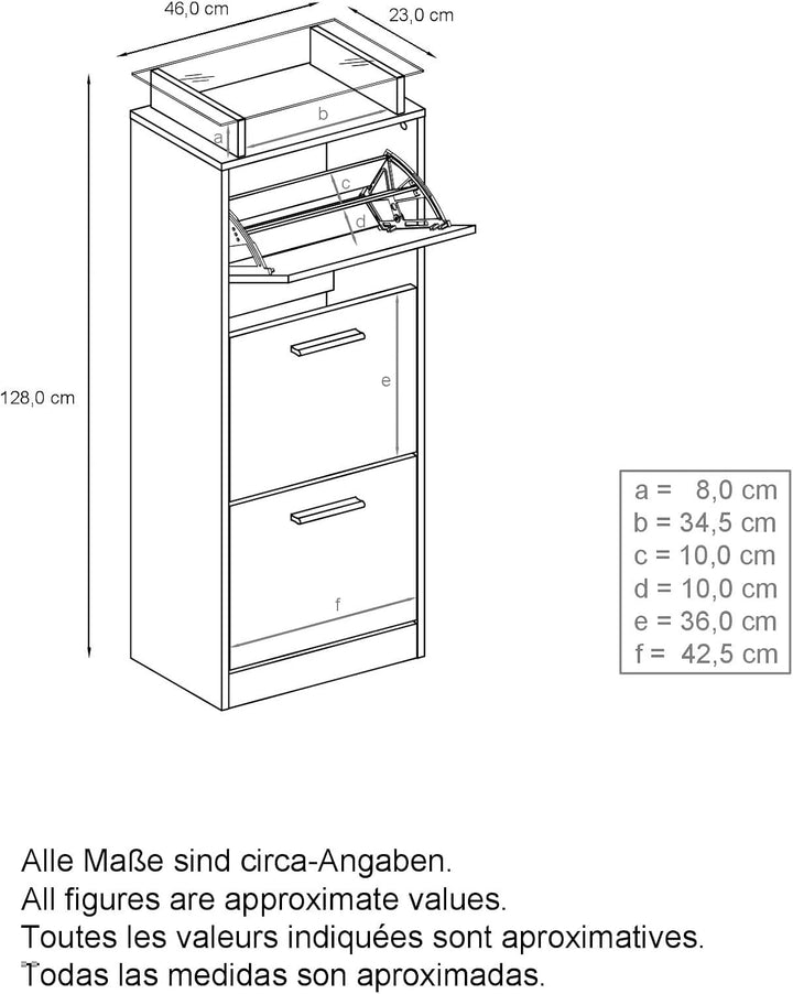 Vladon Schuhschrank Lavia V2, Schuhkipper für 12 Paar Schuhe mit 3 Klappen und Glasablage, Weiss mat