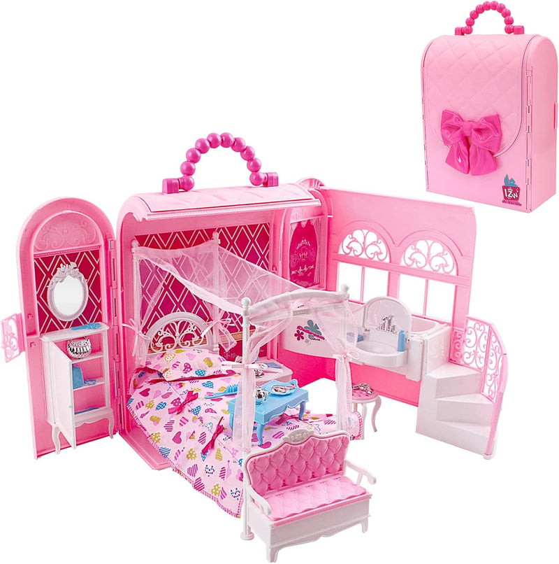 deAO Puppenhaus, Rosa Tragetasche Puppenhaus Klappbar Möbel Familie Spielzeug mit Schlafzimmer Bad,