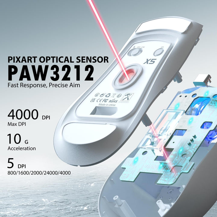 ATTACK SHARK X5 49g Leichtgewicht Funk Gaming Maus &amp; RGB Backlit-Weiss, Weiss