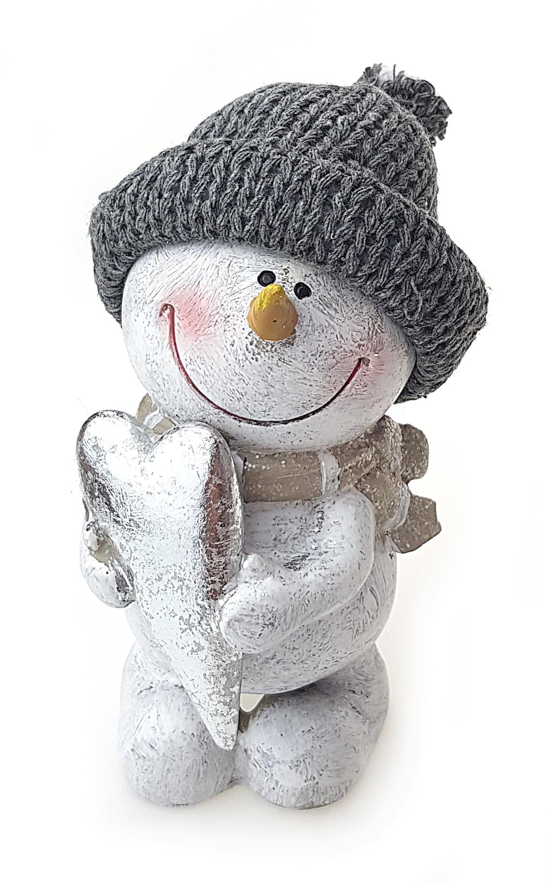 TEMPELWELT Deko Figur Schneemann mit Herz 14 cm, Keramik grau weiss, Dekofigur Schneemannfigur Winte