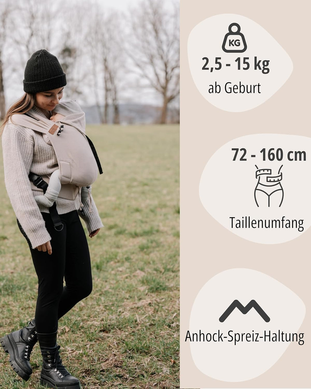 Hoppediz Primeo Babytrage für Neugeborene – Ergonomische Babytrage aus 100% kbA Baumwolle – Bauchtra