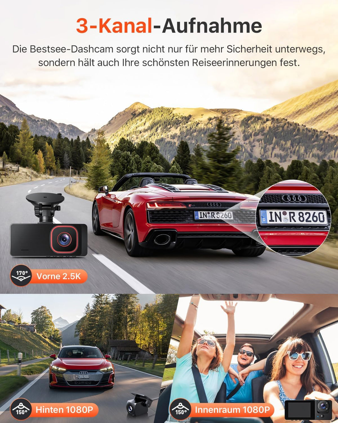 Bestsee 1080P Dashcam Auto Vorne Hinten und Innen mit 64GB SD-Karte, Autokamera mit Parküberwachung,