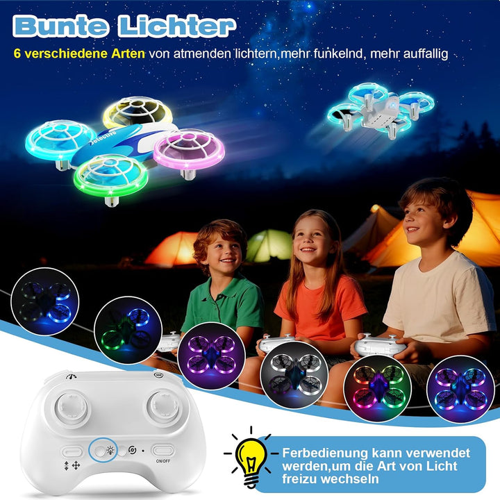 Mini Drone for Children from 6+, 3 Batteries, LED Quadcopter with 360° Flip Indoor Outdoor (Blau), B