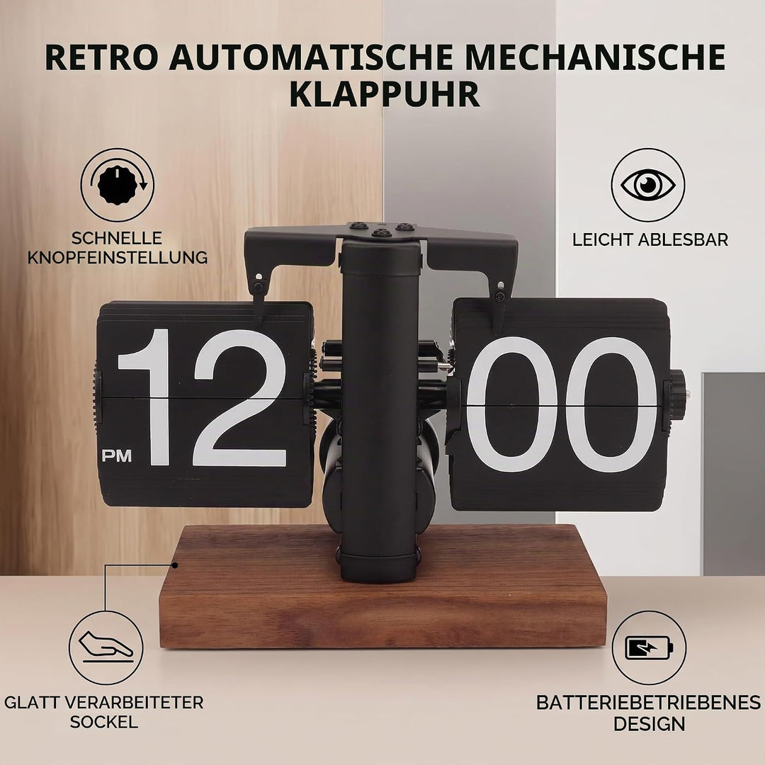 Ejoyous Retro Flip Clock, Grosse Zahlen, Einstellbarer Timer, Schwarznussmaterial, Luxusdesign, für