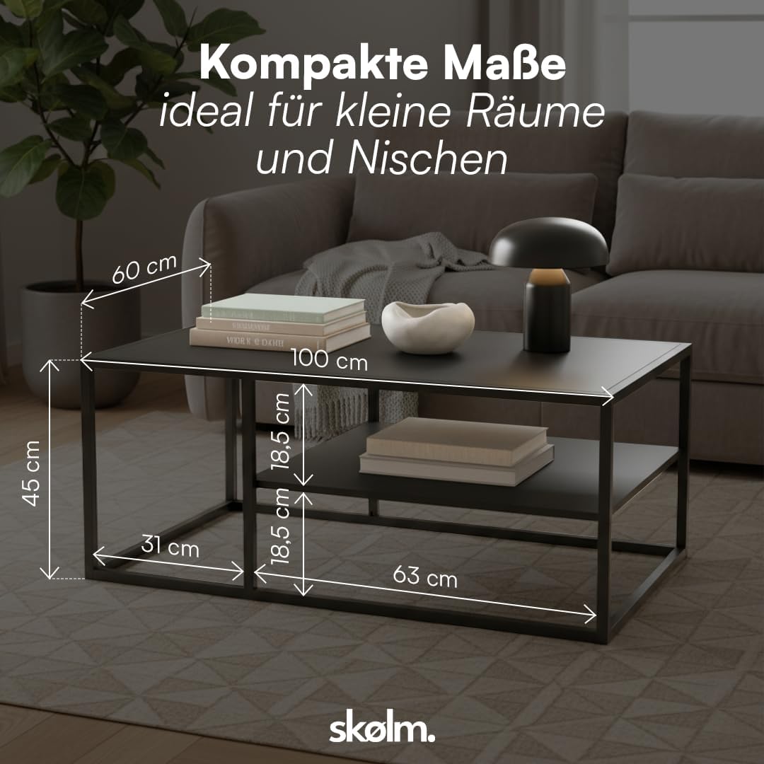 skølm Skadi Couchtisch aus Metall – Wohnzimmertisch mit 2 Ablagen – Beistelltisch in Schwarz – Sofat