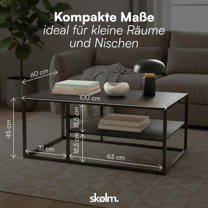 skølm Skadi Couchtisch aus Metall – Wohnzimmertisch mit 2 Ablagen – Beistelltisch in Schwarz – Sofat