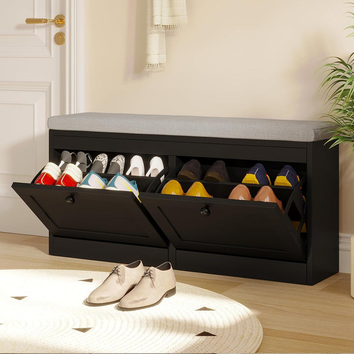 VOWNER Schuhschrank mit 2 Klappen, Schuhregal Schuhkipper Schmal, Sitzbank mit Sitzkissen, Verstellb