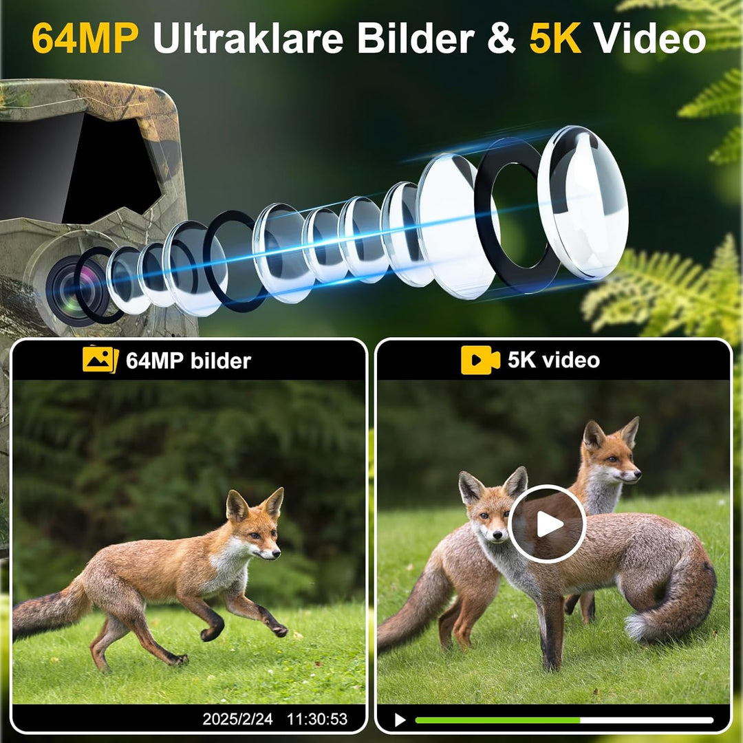 5K Wildkamera WLAN, 64MP Full HD Wildkamera mit Handyübertragung App, Infrarot Wildtierkamera mit 64