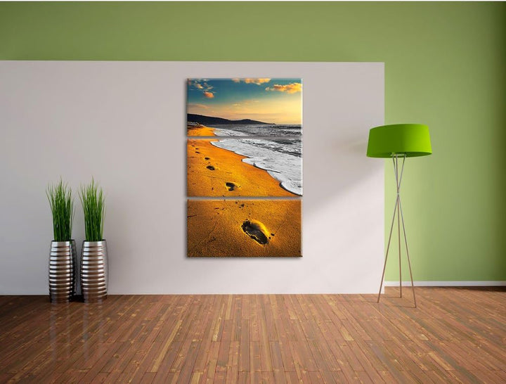 Pixxprint Spuren Im Sand am weiten Meer/Format: 3-Teiler (120x80cm) cm/Leinwandbild fertig bespannt