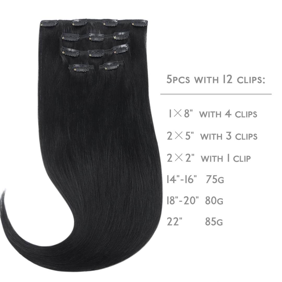 WENNALIFE Clip in Extensions Echthaar, 75g 5pcs 40cm Tief Schwarz Extensions Clip in Remy Clip in Ex
