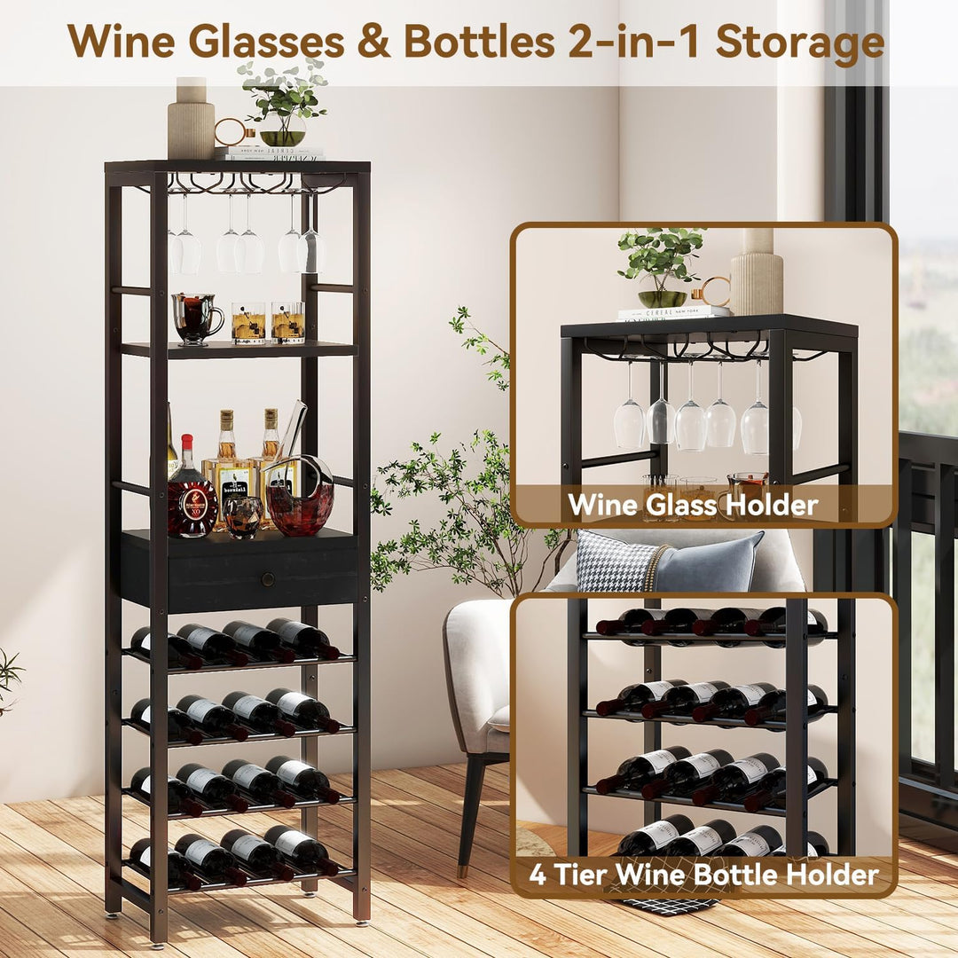 IBUYKE Weinregal, 4-Lagiges Freistehendes Weinregal Mit Glashalter Und Schublade, 16 Flaschenregal C