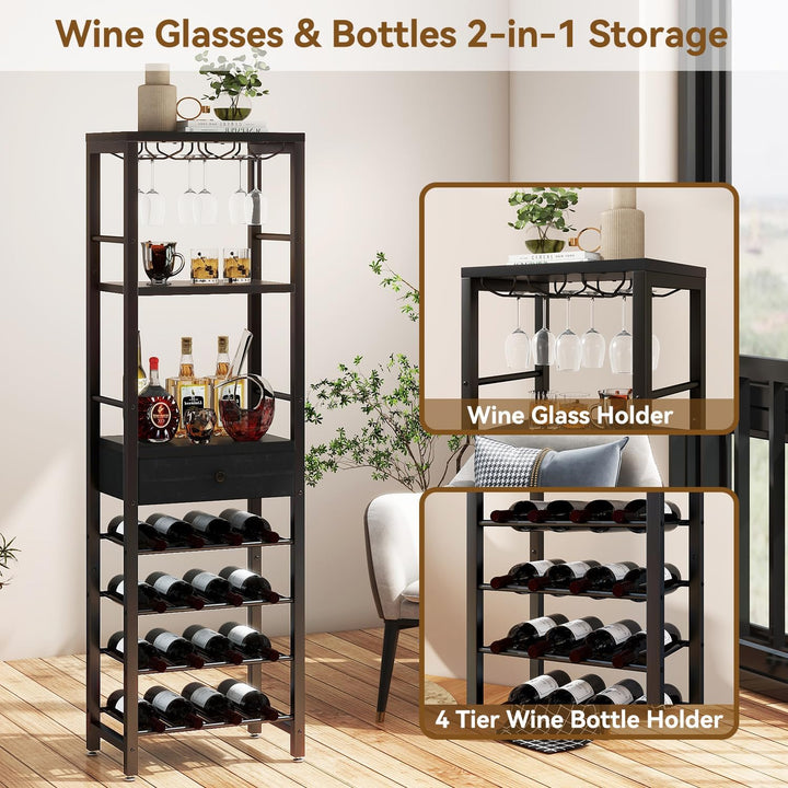 IBUYKE Weinregal, 4-Lagiges Freistehendes Weinregal Mit Glashalter Und Schublade, 16 Flaschenregal C