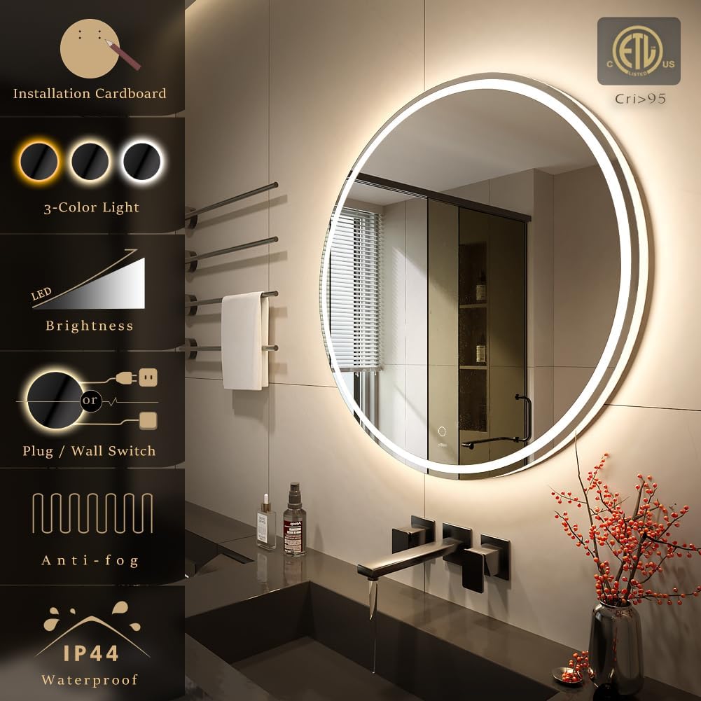KWW 60 cm LED Runder Badezimmer Eitelkeitsspiegel, Farbtemperatur Einstellbar, Anti-Nebel Dimmbare L