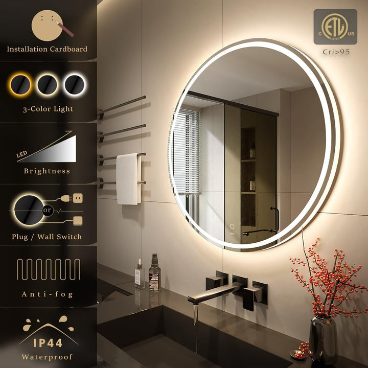 KWW 60 cm LED Runder Badezimmer Eitelkeitsspiegel, Farbtemperatur Einstellbar, Anti-Nebel Dimmbare L