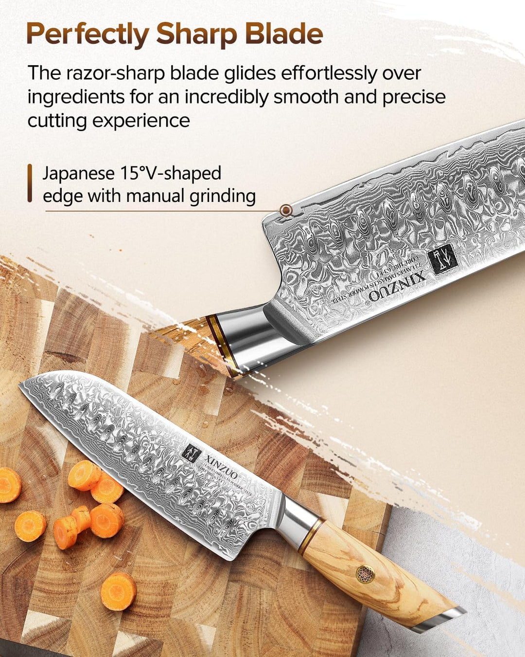 XINZUO Damaststahl 18.2cm Santokumesser, scharf Kochmesser 73 Schichten Damastpulverstahl profi Küch