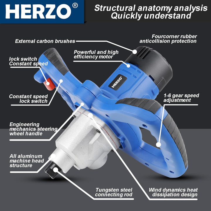 HERZO Rührwerk 1300W,Metallgetriebe,Rühreraufnahme M14, Rührer ø 120 mm für Mischgut Beton, Mörtel,