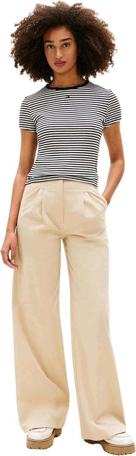 Tommy Jeans Damen T-Shirt Kurzarm Essential Rib Slim Fit XS Black (Black / Ecru Stripe), XS Black (B