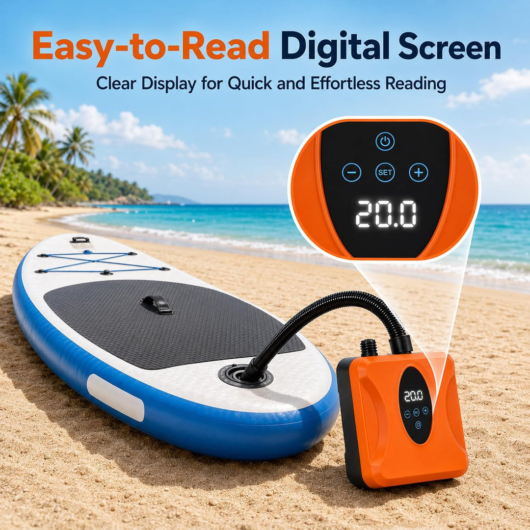 SUP Pumpe Elektrisch Wiederaufladbar 20 PSI, Akku Paddle Board Pumpe mit Auto Stopp und Digitalanzei